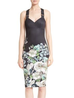 Ted Baker black floral midi dress with white, green, and blue flowers